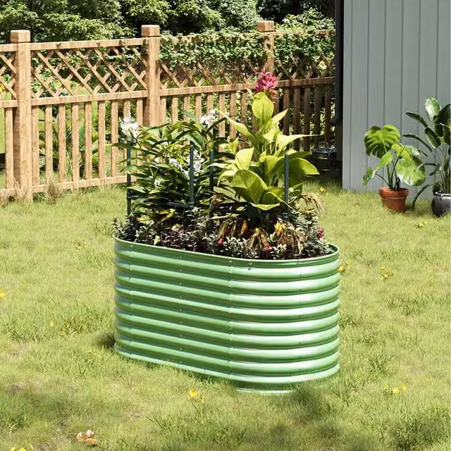 Livingandhome Oval Galvanised Steel Raised Garden Bed in Green, W: 160 cm, D: 80 cm, H: 80 cm