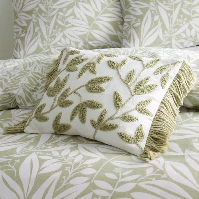 Catherine Lansfield Tufted Sorrel Leaf Green Floral Cotton Cushion W: 40 cm, H: 30 cm, D: 30 cm