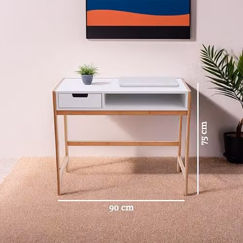 Premier Housewares White Computer Desk with Wood Legs, W/D/H: 90 x 45 x 75 cm – 3
