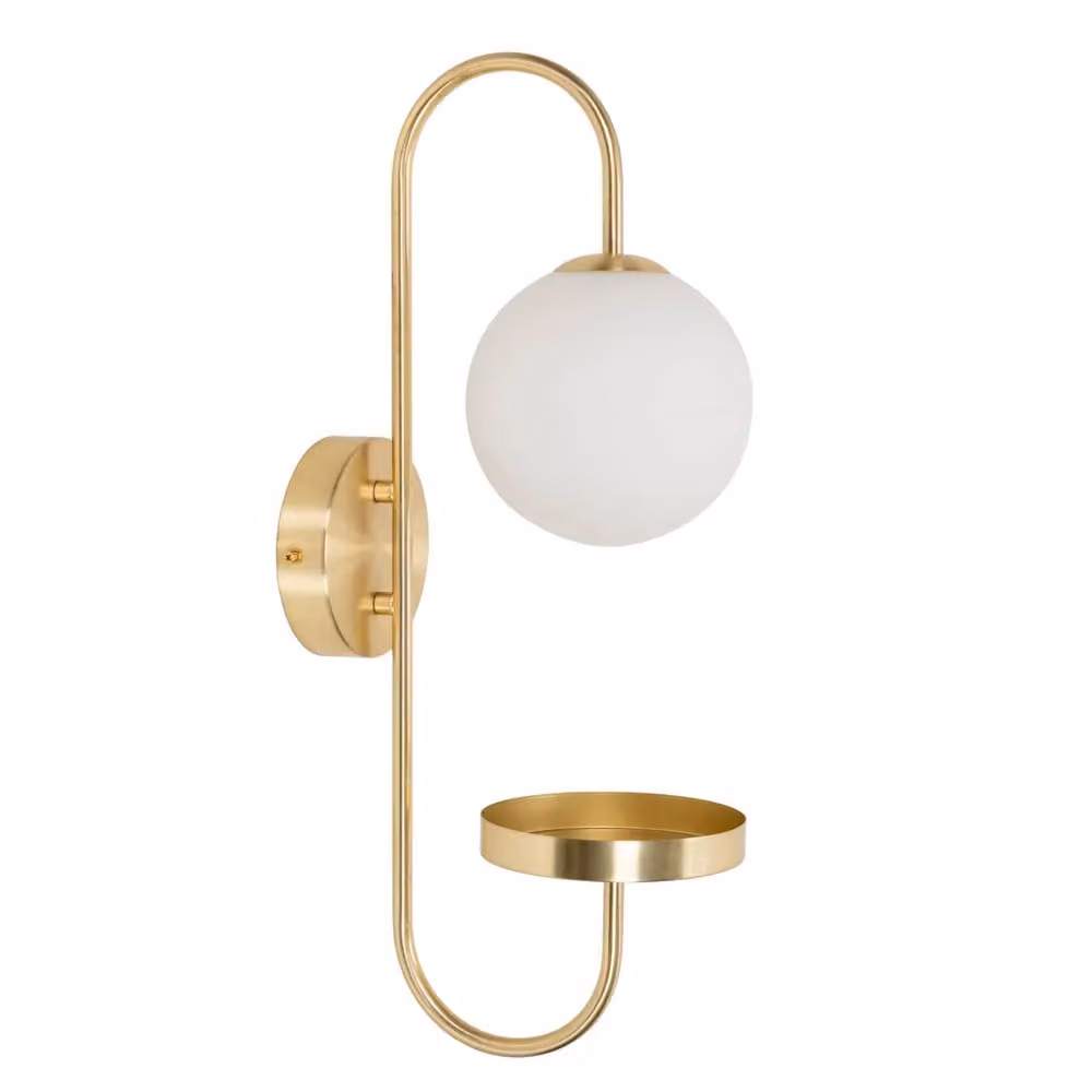 ValueLights Milo Frosted Glass Globe Shade Curved Wall Light with Shelf in Gold/Brass – 2