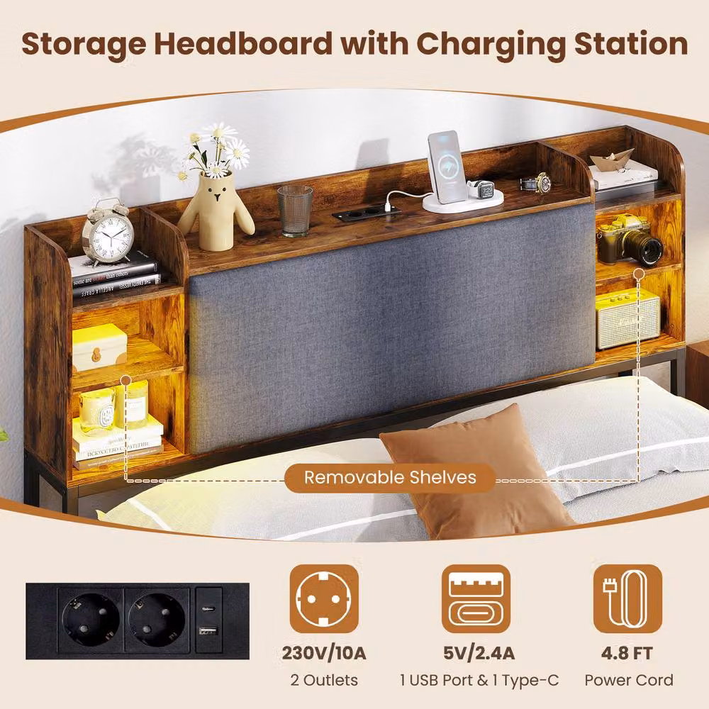 Costway Double Size Platform Bed Frame in Brown with LED Lights, USB Charging Port and Drawers, W/D/H: 140 x 200 cm – 8