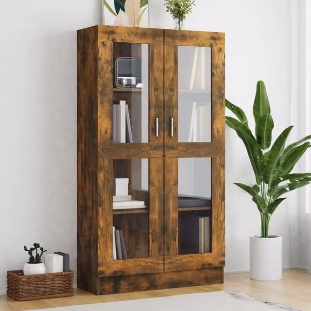 Berkfield Home Smoked Oak Vitrine Cabinet with Glass Doors, Brown, W/D/H: 82.5 x 30.5 x 150 cm – 1