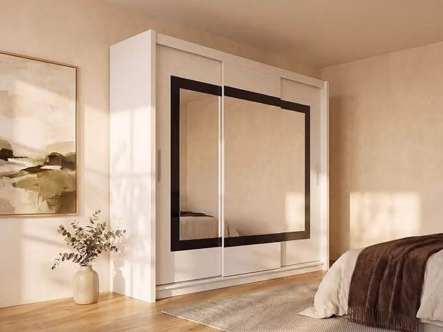 AUTLAN White Modern Wardrobe with 3 Sliding Doors and Mirror, W: 250 cm, H: 215 cm, D: 61 cm