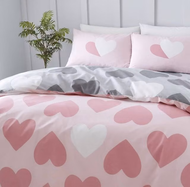 GAVENO CAVAILIA Reversible Single Duvet Cover Set with Hearts Print in Pink and Grey, W/D/H: 135 x 200 cm with 50 x 75 cm Pillowcase