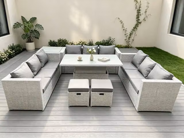 Fimous U-Shape Rattan Garden Furniture Set with Adjustable Rising Lifting Table in Light Grey