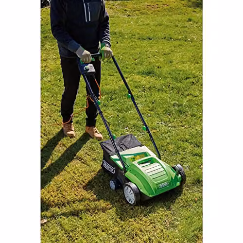 Draper 1500W 2-in-1 Electric Lawn Aerator and Scarifier in Green with 30L Grass Collection Bag and 320mm Working Width – 3