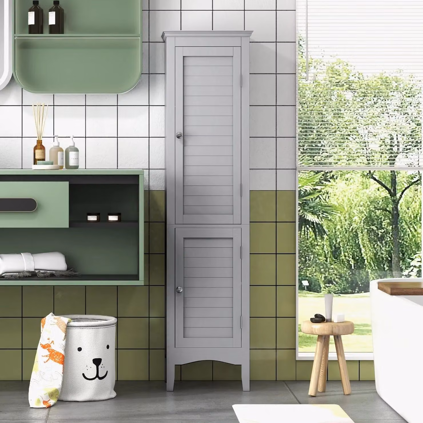 Costway 5-Tier Slim Bathroom Tall Storage Cabinet with 2 Hinged Doors in Grey – 3