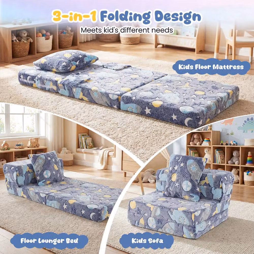 Costway Glow In the Dark 3-in-1 Fold Out Kids Sofa Bed with Zippered Covers, Navy Blue – 4
