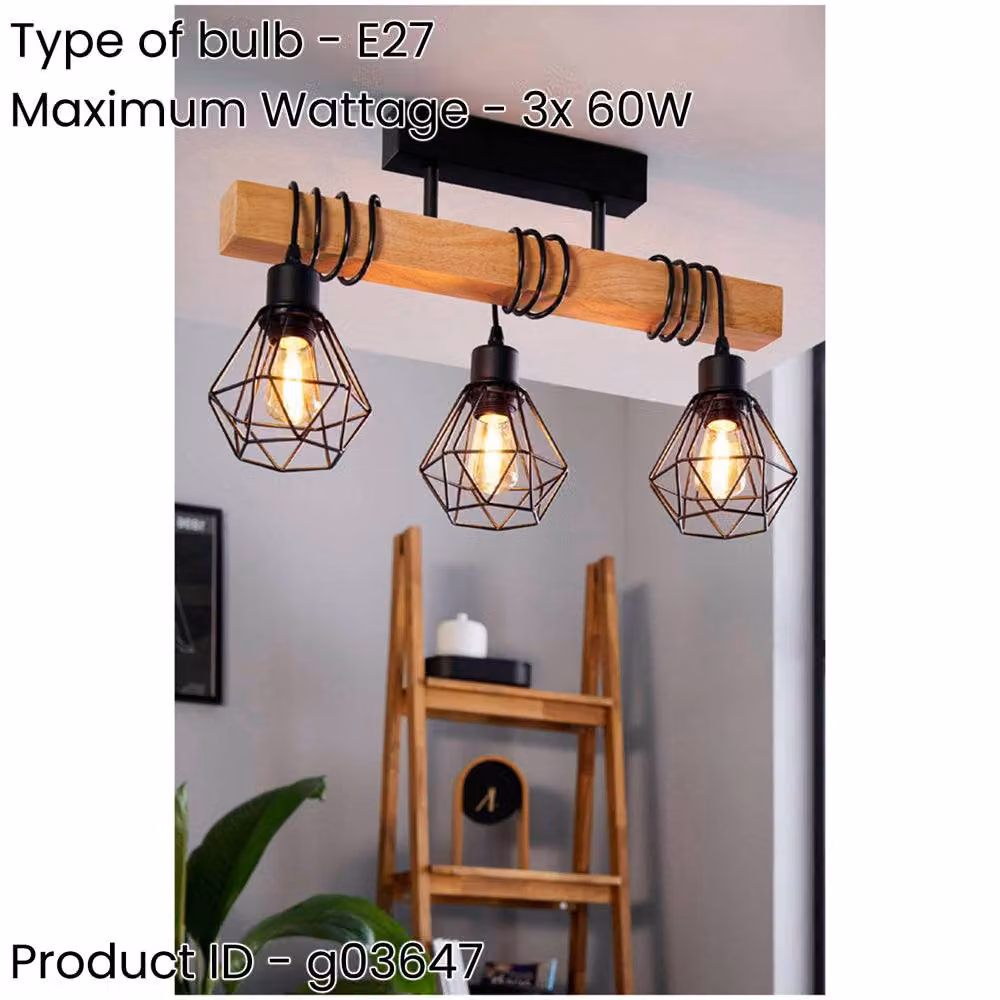 Loops Modern Triple Pendant Light in Black and Brown with Wood and Metal Details, Diameter: 55 cm – 2