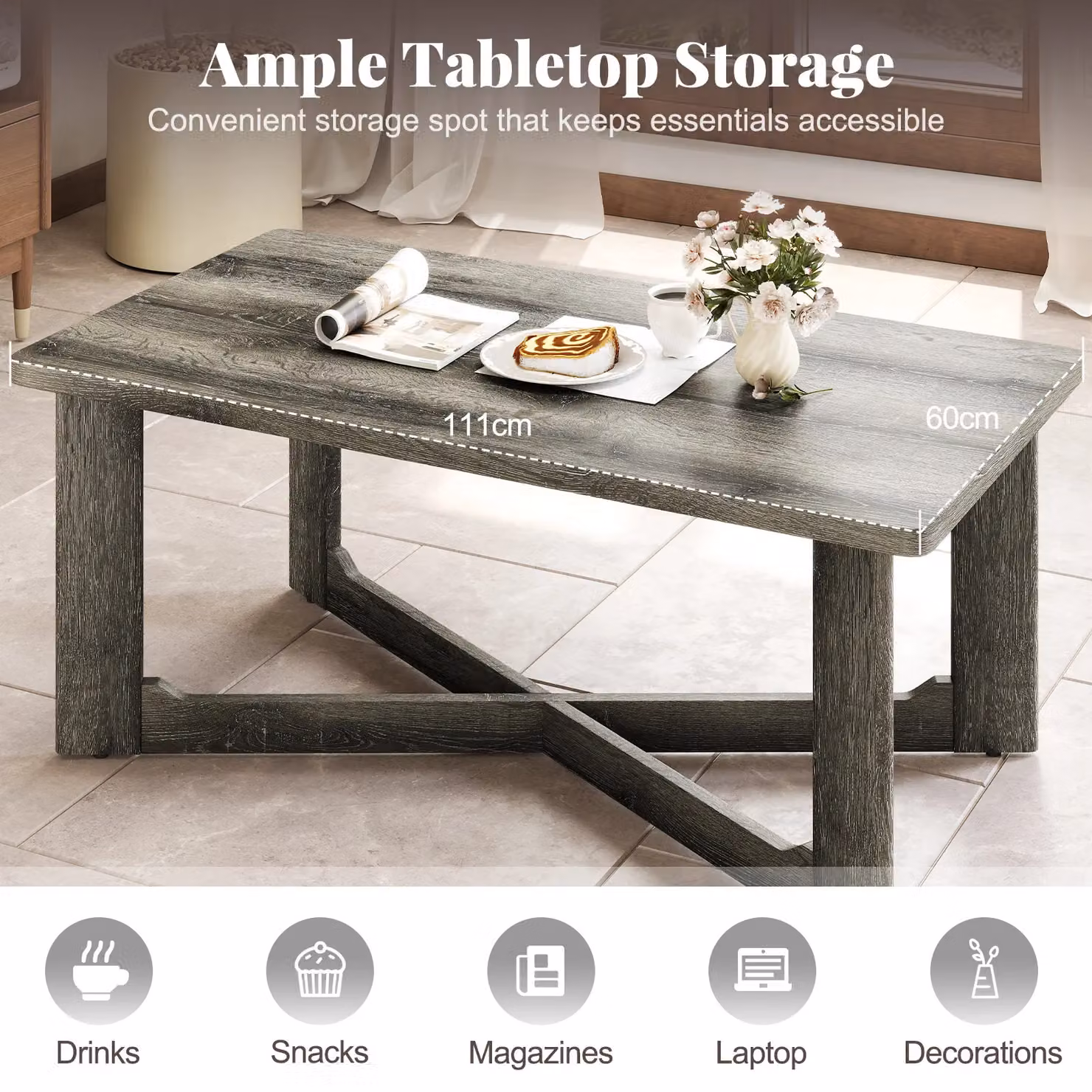 Costway Rectangular Coffee Table in Grey with Rustic Rubberwood Finish – 8