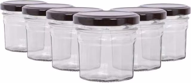 Argon Tableware Set of 6 Transparent Glass Jam Jars with Black Metal Screw Lids, 90ml Each