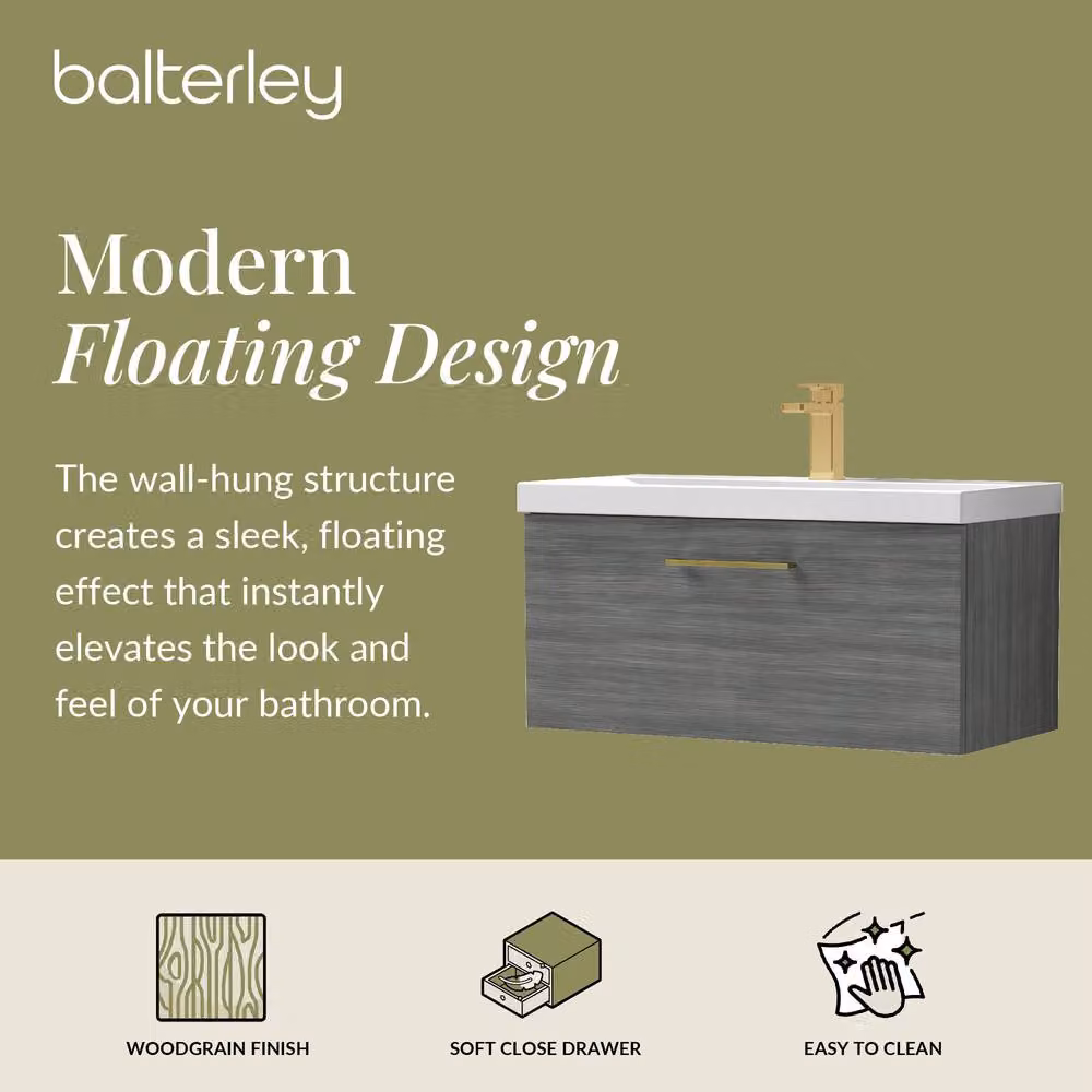 Balterley 800mm Wall Hung 1 Drawer Vanity in Woodgrain Anthracite Grey with Brass Handle – 2