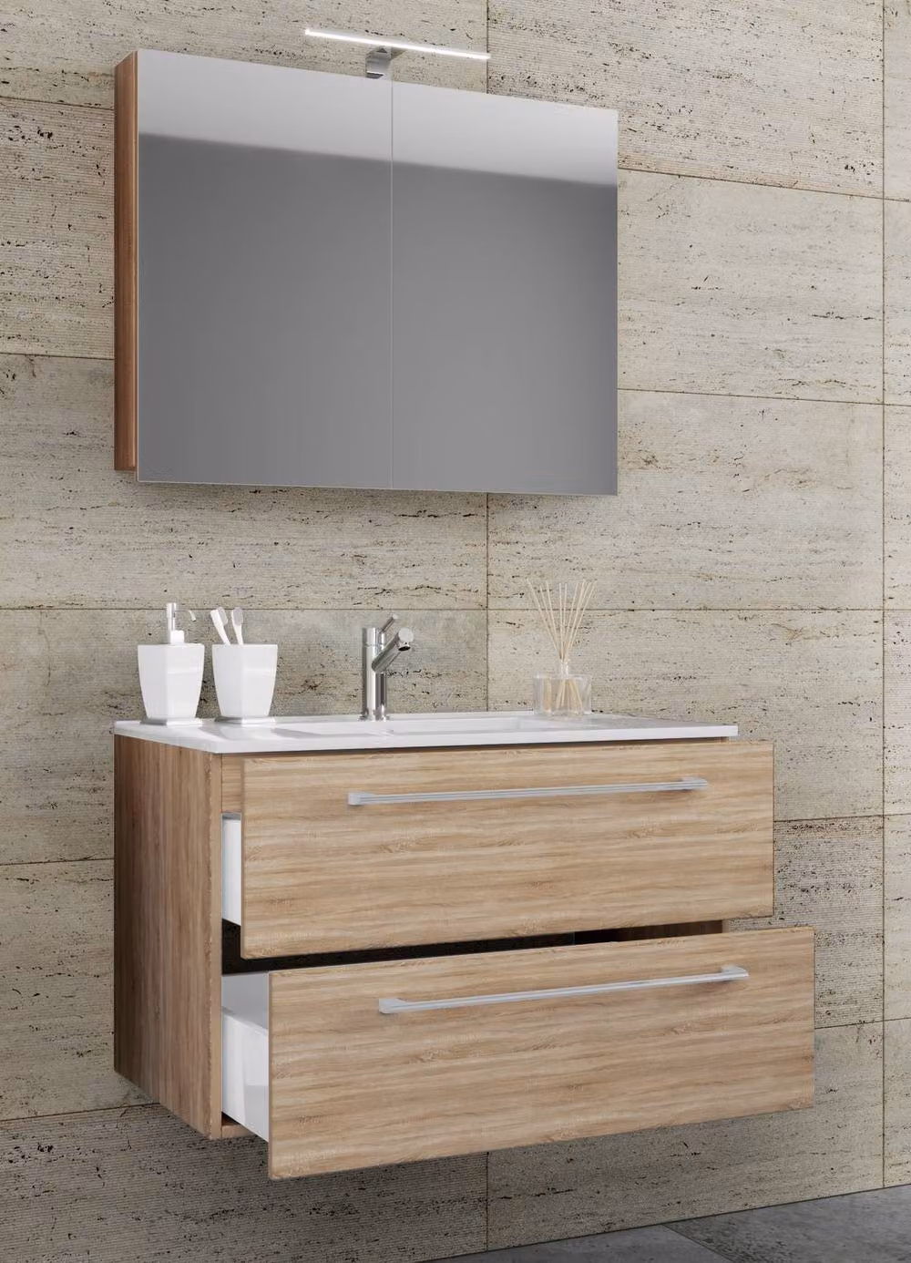 VCM Badinos SP 3-Piece Modern Bathroom Set including Vanity Unit and Mirror Cabinet in Sand – 2