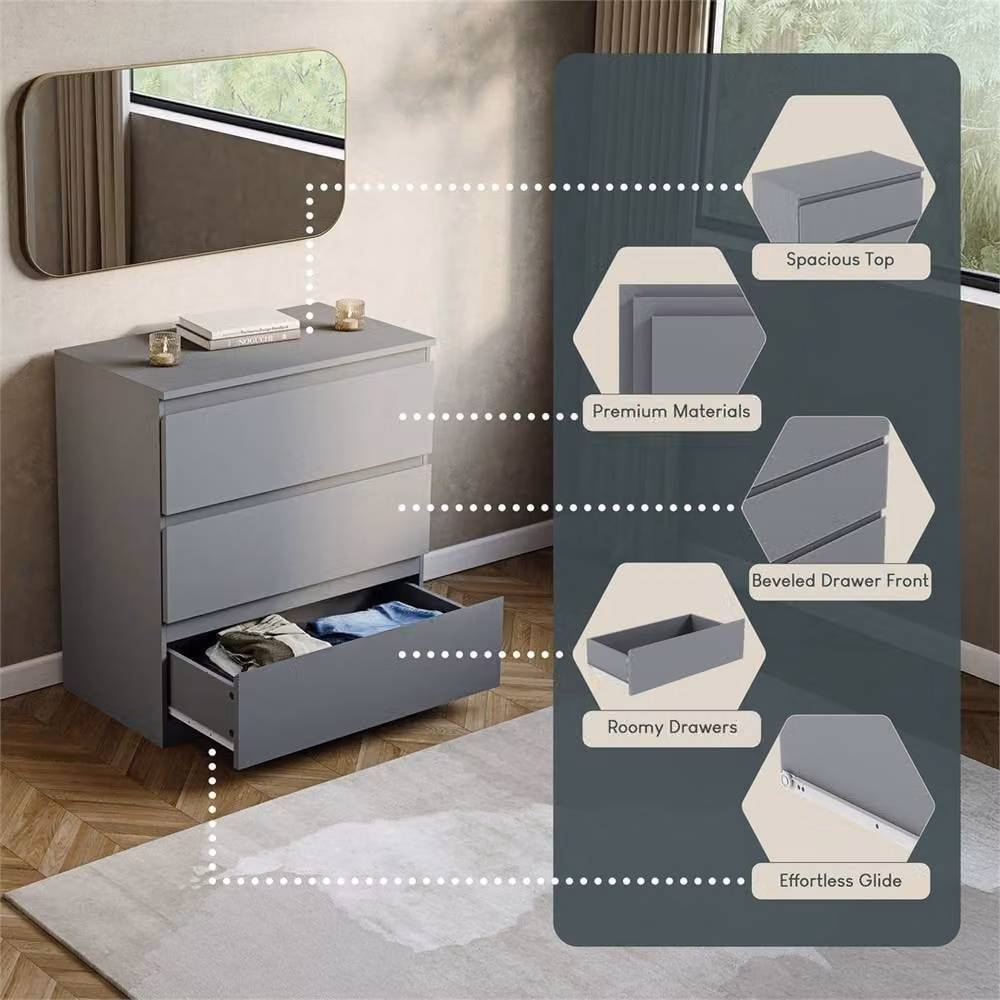 PAWNORA Modern 3 Drawer Chest of Drawers in Grey – 3