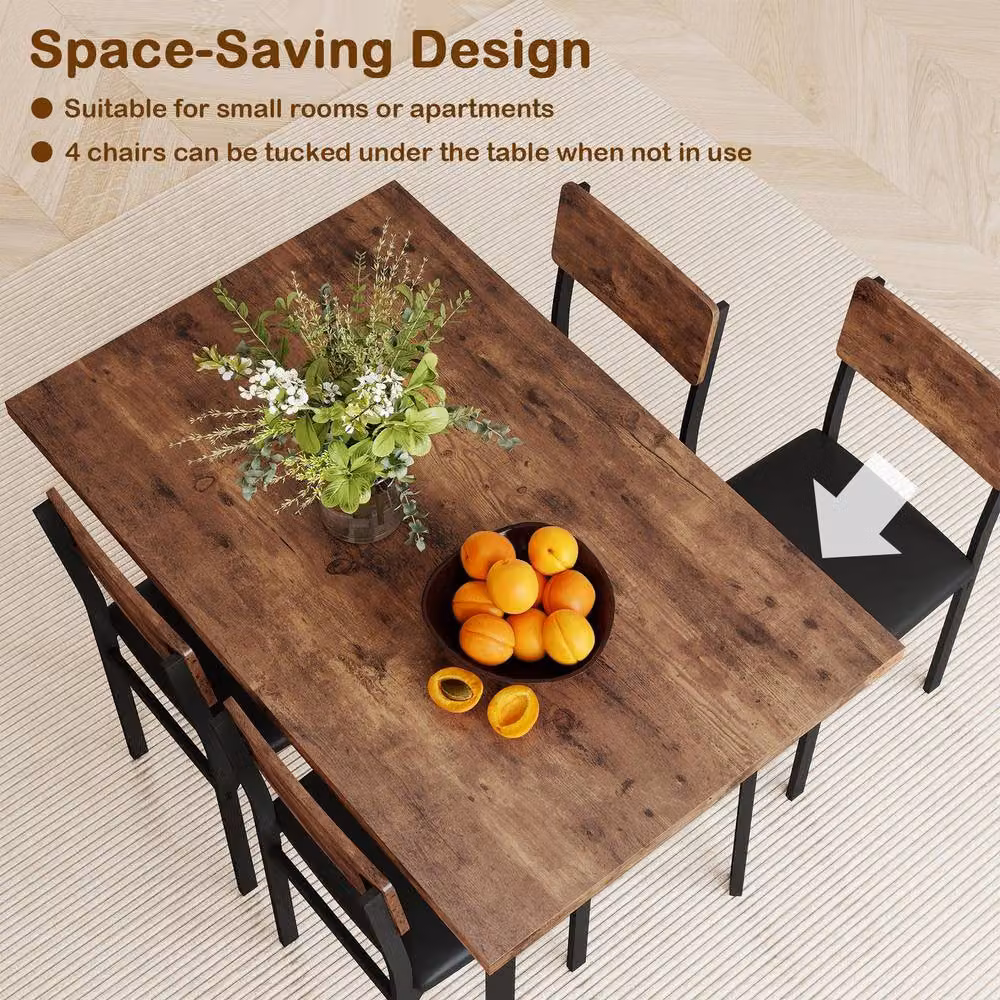 Costway Industrial 5-Piece Dining Set with Rectangular Table and 4 Upholstered Chairs in Brown – 7