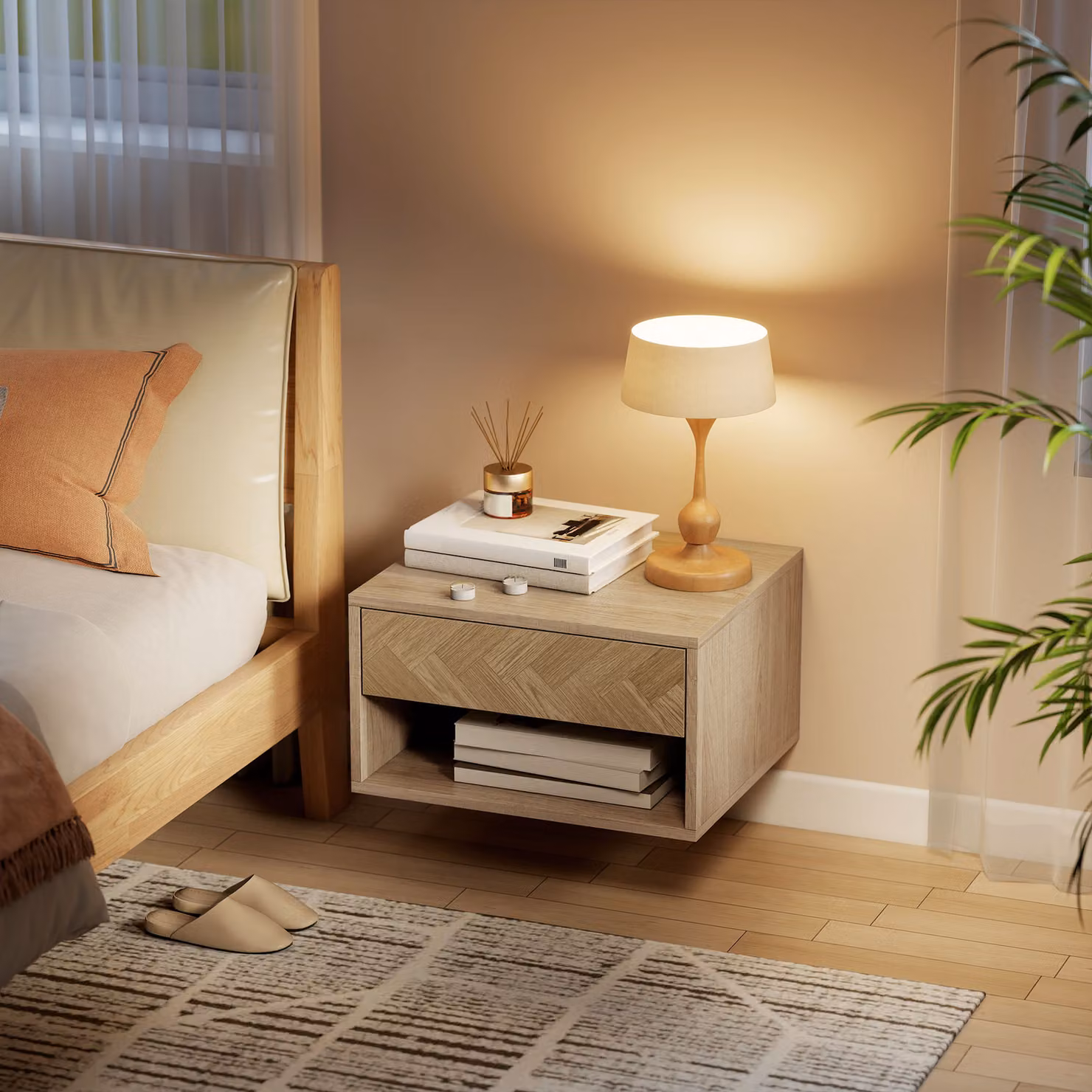 HOMCOM Set of Two Wall-Mounted Floating Bedside Tables in Brown Wood Finish – 5