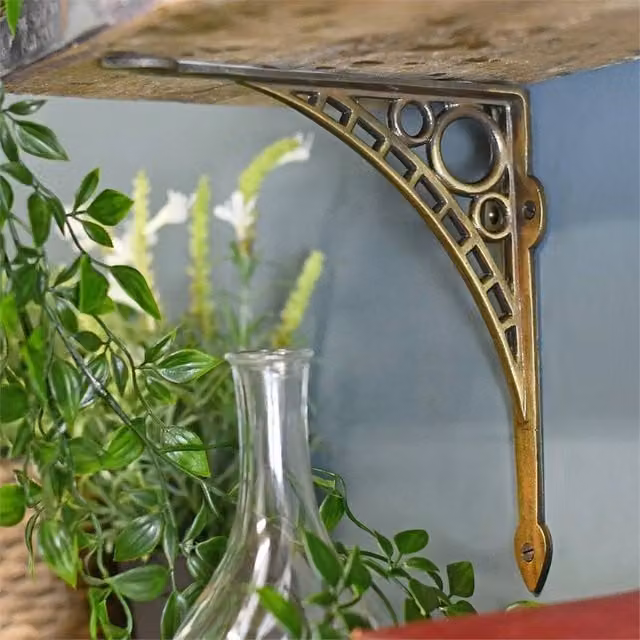 VOGREX Industrial Cast Iron Bridge Shelf Support in Antique Brass Gold, 22 x 22 cm