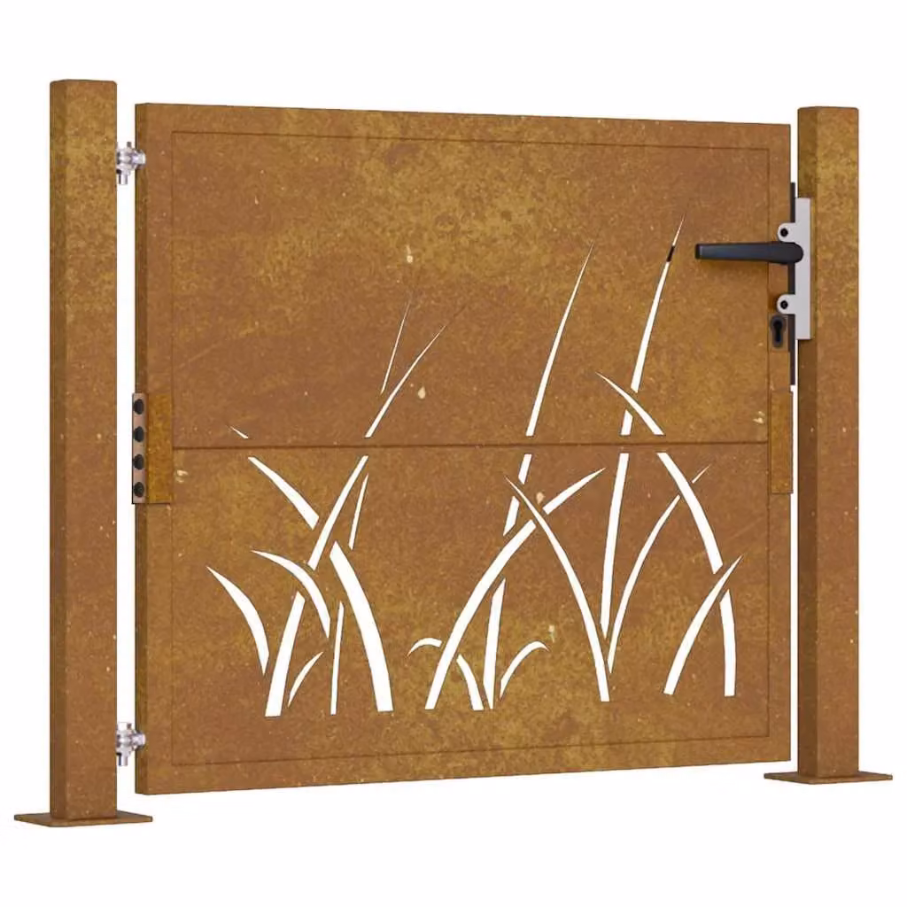 Berkfield Home Garden Gate in Brown Corten Steel with Grass Design, W: 105 cm, H: 80 cm – 2