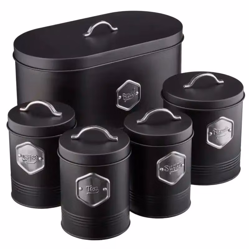 Cooks Professional 5 Piece Black and Silver Metal Storage Set with Airtight Lids for Bread, Biscuits, Tea, Coffee and Sugar – 2