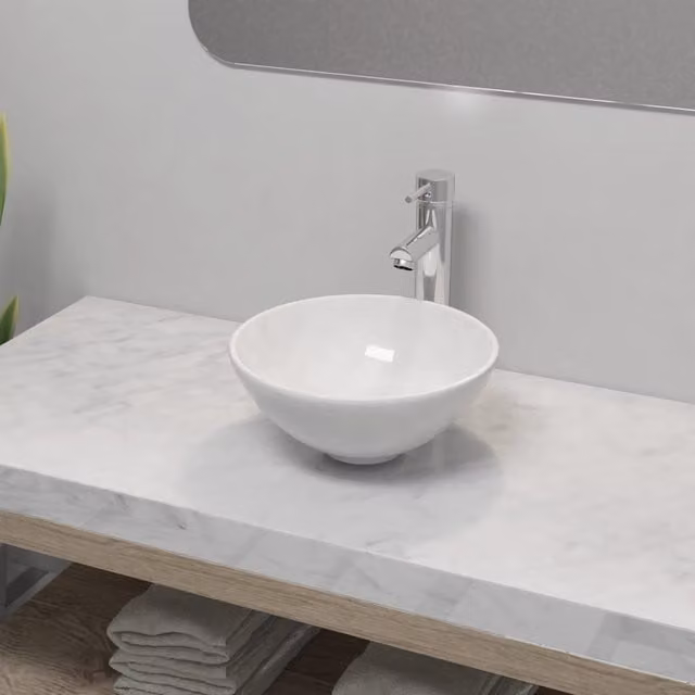 Berkfield Home Round Ceramic Bathroom Basin with Mixer Tap in White