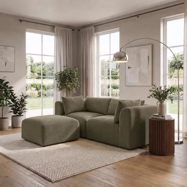 Furniturebox UK Drift 2 Seater Modular Chaise Sofa in Green Boucle Fabric