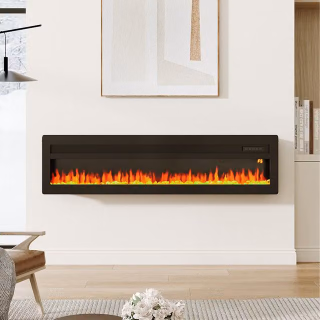 Livingandhome Black Rectangular Electric Fireplace, Wall Mounted or Freestanding, Width: 152.4 cm