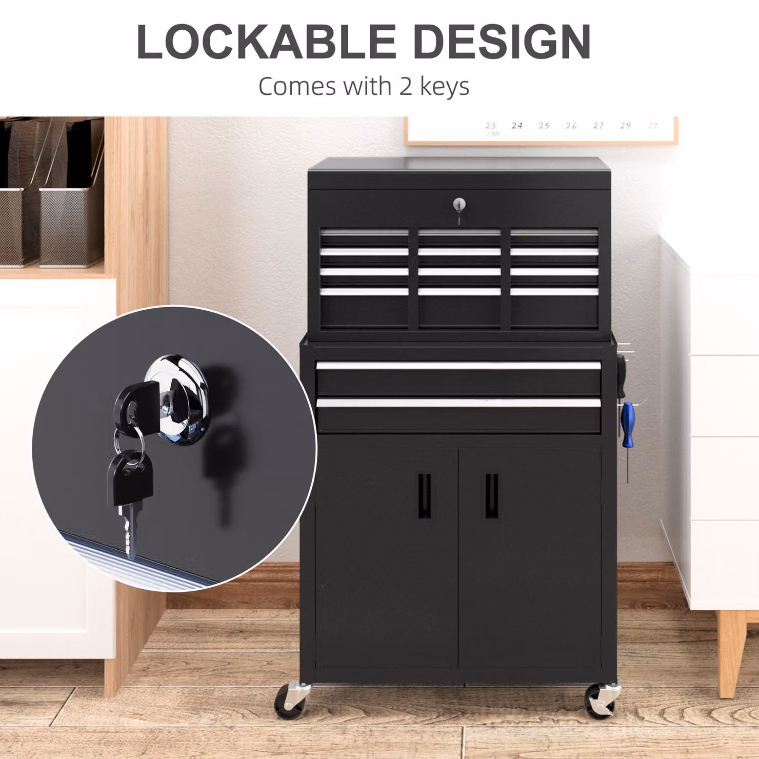 HOMCOM Portable Metal Tool Storage Box with 6 Drawers and 1 Bottom Cabinet, Lockable Rolling Tool Chest, Black – 6