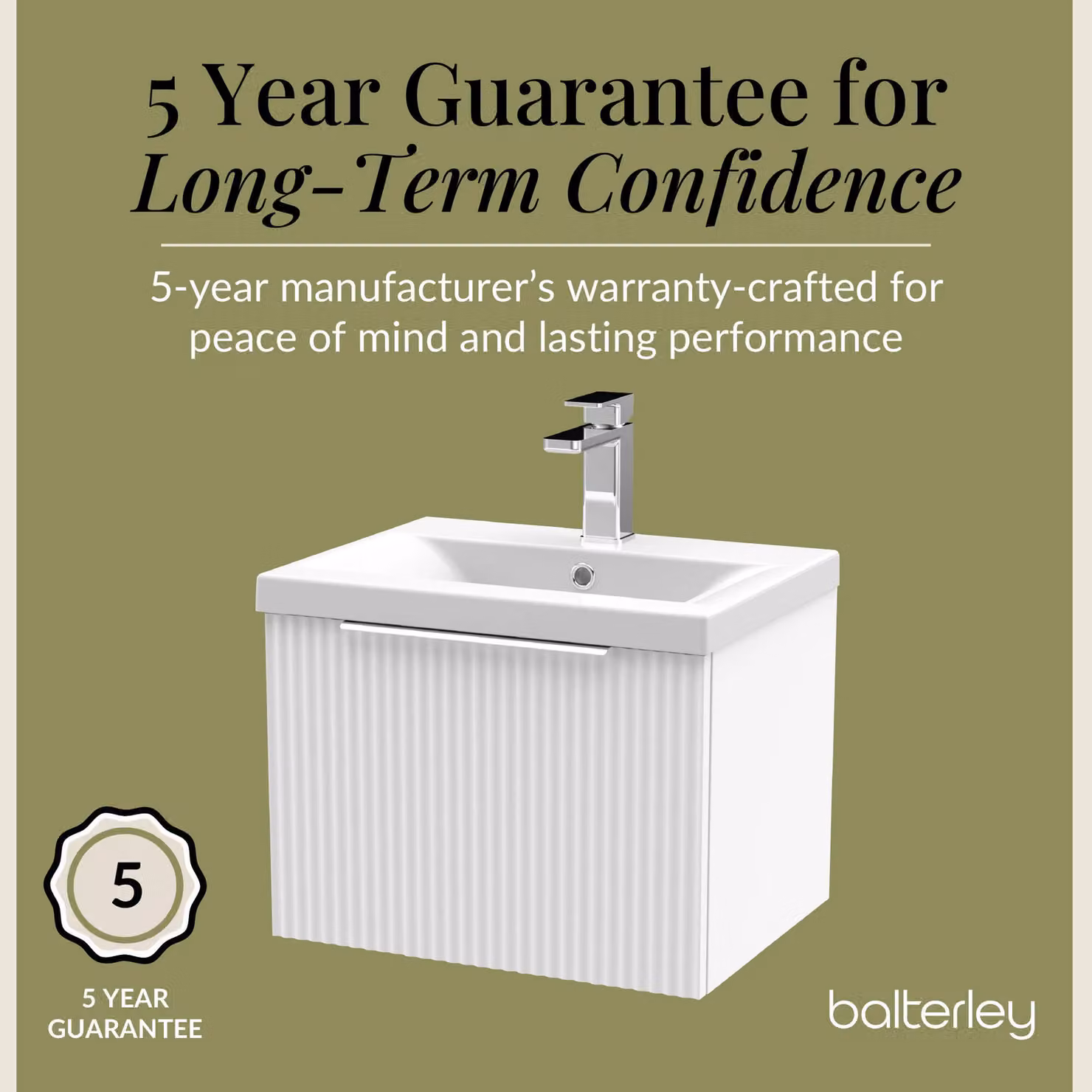 Balterley Fluted Wall Hung 1 Drawer Vanity Basin Unit and Basin, Satin White, Width: 50 cm – 3