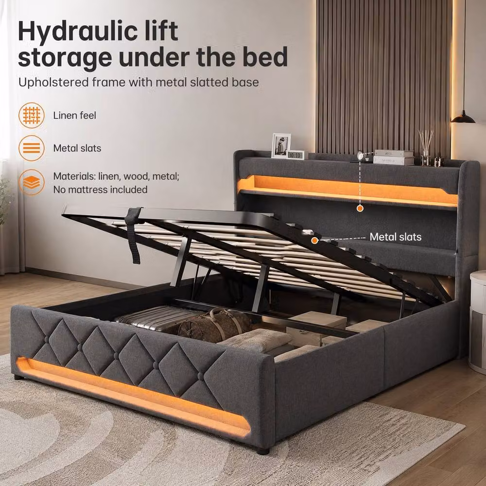 STILVORA Super King Upholstered Bed in Grey with LED Lighting, USB Charging Ports and Lift-Up Storage Headboard, W/D/H: 200 x 180 x 183 cm – 6