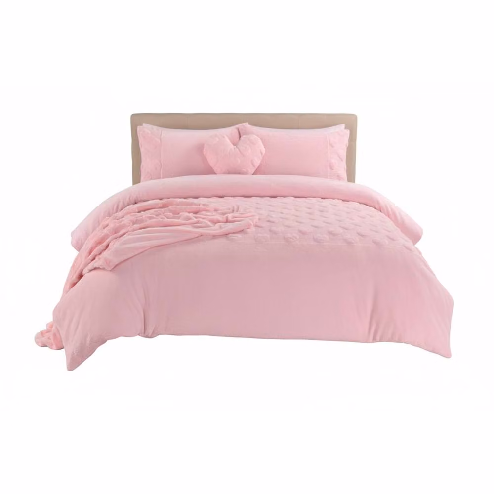 Snug City Pink Heart Embossed Teddy Fleece Duvet Cover and Pillowcase Set, Single – 2