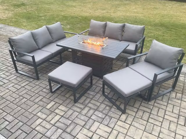 Fimous 9 Seater Aluminium Garden Furniture Set with Gas Fire Pit Dining Table, Cushions and 2 Footstools in Dark Grey