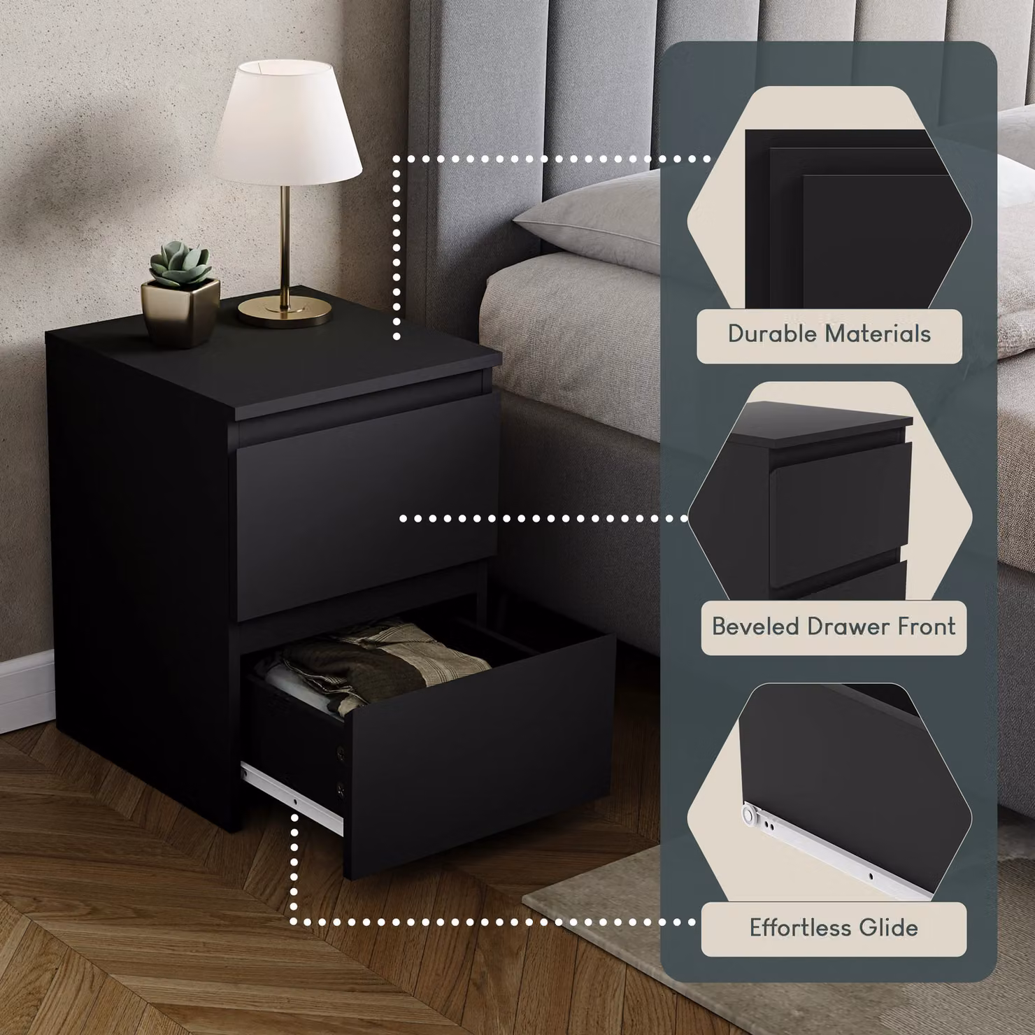 Vida Designs Denver 2 Drawer Bedside Table in Black – 3