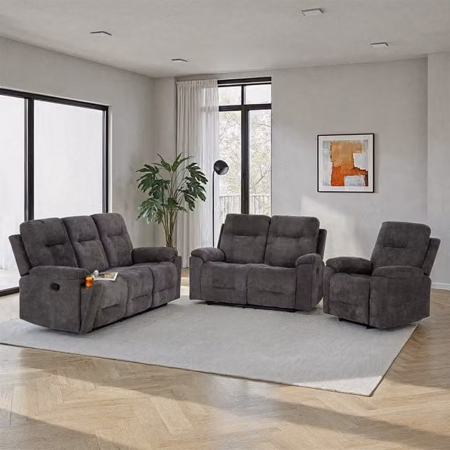 Seconique Guildford Recliner Suite in Grey Fabric, including 3, 2 and 1 Seater Sofas with Scatter Cushions
