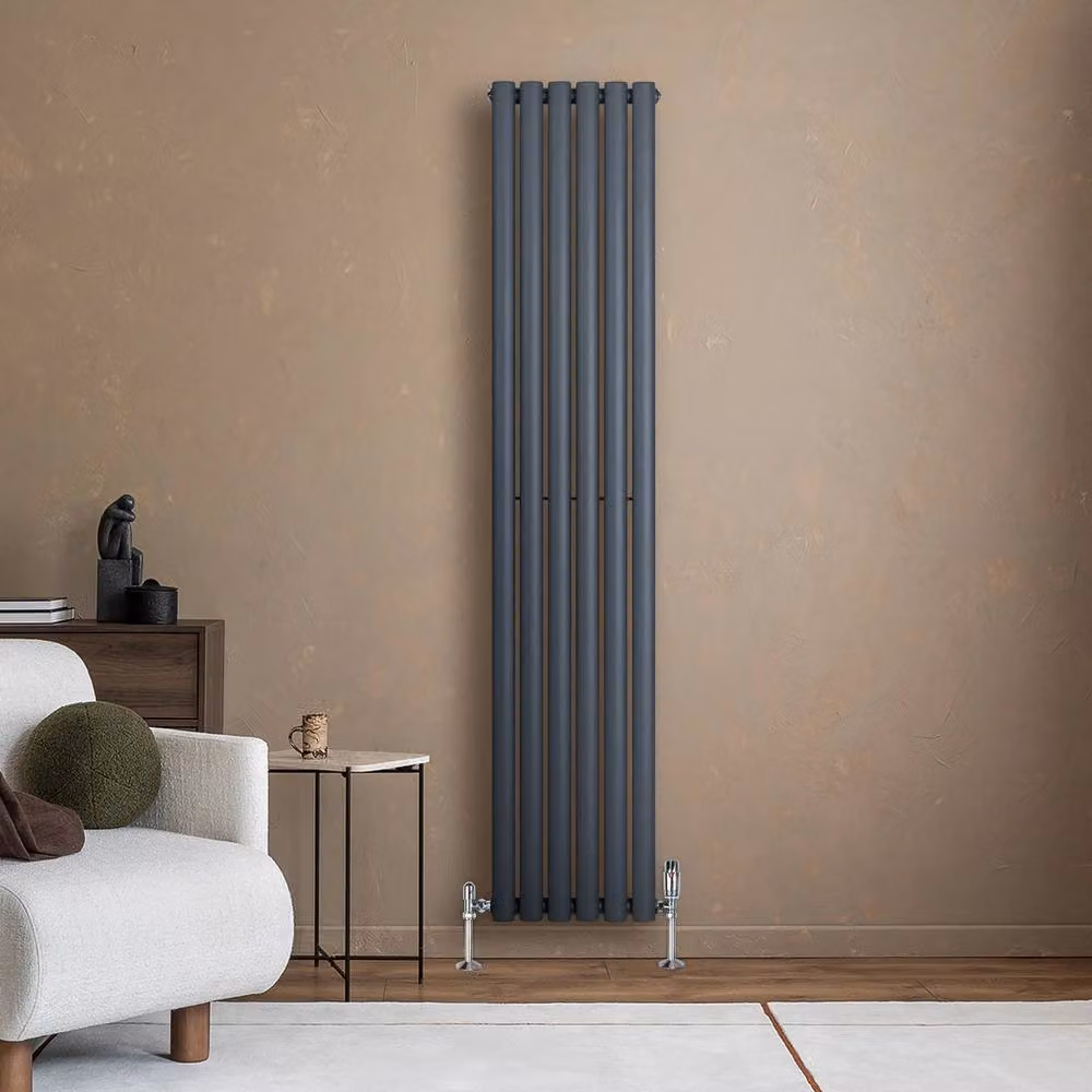 Monstershop Oval Single Column Steel Radiator and Valves with Thermostat Head, Anthracite Grey, H: 180 cm, W: 36 cm – 4