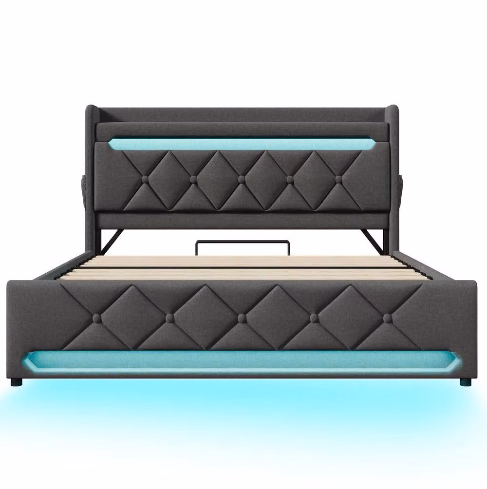 STILVORA Upholstered Double Bed in Grey with Storage, LED Lighting and USB Charging Ports, W/D/H: 140 x 200 x 137 cm – 6