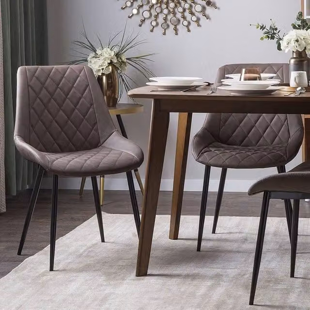 Wyld and Coco Set of 2 Quilted Faux Leather Dining Chairs in Dark Brown with Powder Coated Metal Legs