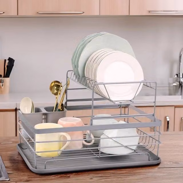 FORGEVIO 2-Tier Grey Dish Drainer with Cutlery Holder and Drip Tray