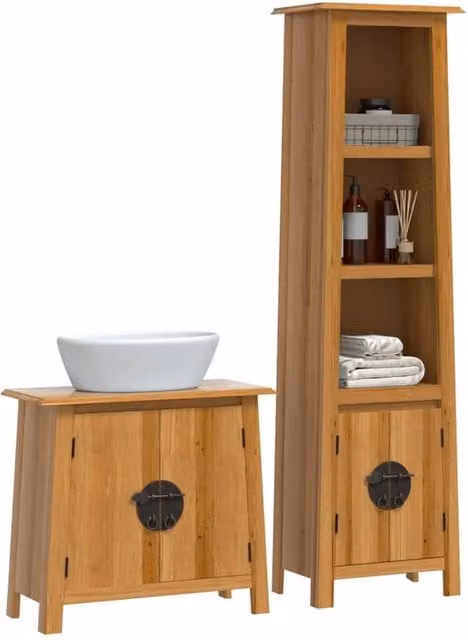 Berkfield Home Beautiful 2 Piece Brown Solid Wood Pine Bathroom Furniture Set with Vanity Unit and Tall Cabinet