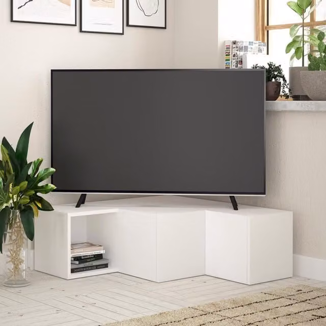 FWStyle Modern 2 Drawer Corner TV Unit with Open Shelf in Painted White