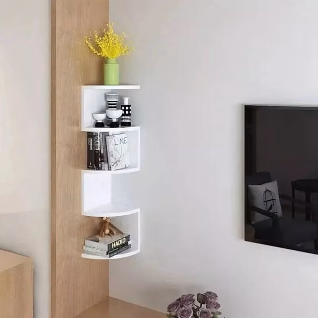 EONLION 5 Tier White Floating Corner Wall Mounted Shelves W/D/H: 50 x 50 x 77.5 cm