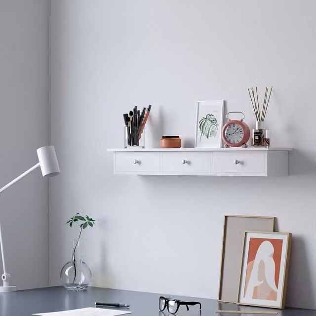 The Bazaarist White Glossy Wall-Mounted Floating Shelf Unit with 3 Drawers and Back Panel