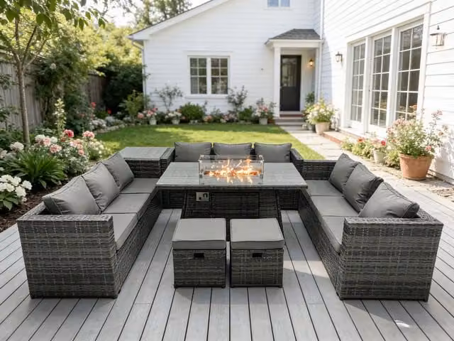 Fimous Dark Grey Rattan Garden Furniture Set with Gas Fire Pit Dining Table, Side Table and Footstools – 1