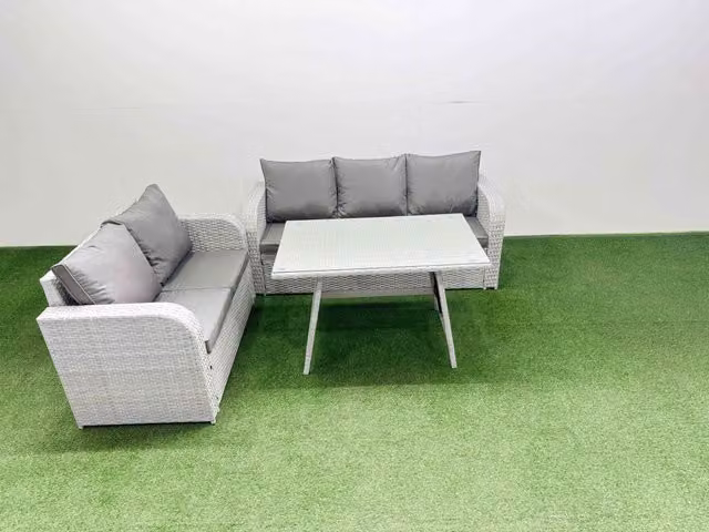 Fimous Outdoor Rattan Garden Furniture Set with Rectangular Dining Table and Sofa in Light Grey