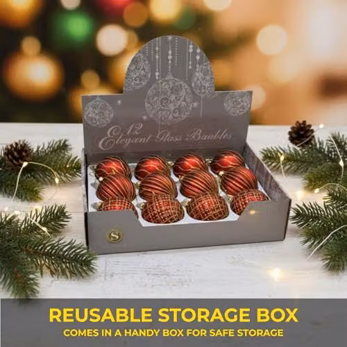 Shatchi Set of 12 Red and Gold Glass Baubles, 8 cm Round Hanging Christmas Ornaments – 2
