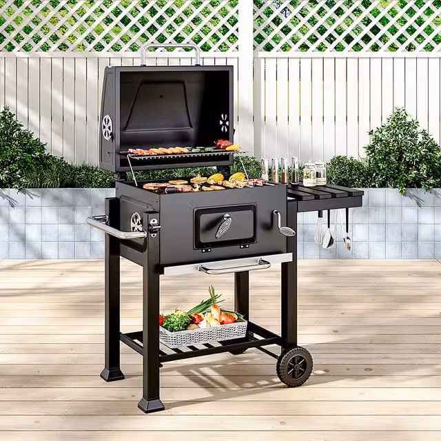 Kidkid Black Charcoal BBQ Grill with Stainless Steel Cart and Wheels