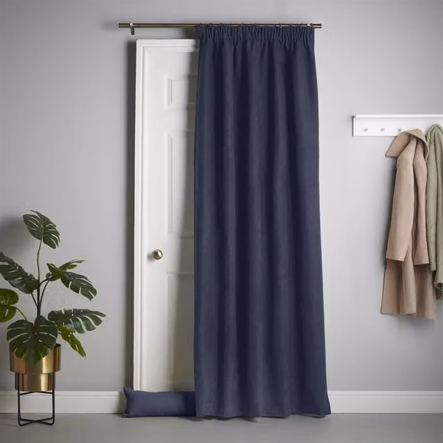 Livinluxury Navy Blue Velvet Chenille Thermal Blackout Pencil Pleat Taped Top Door Curtain