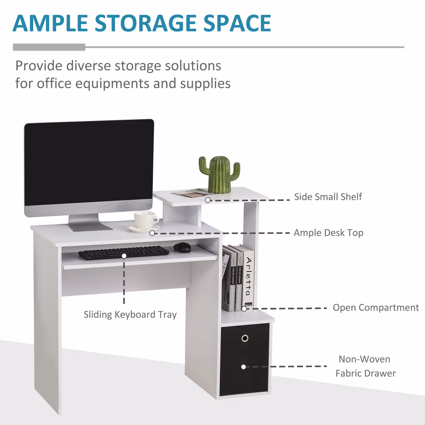 HOMCOM Modern White Computer Desk for Home Office and Bedroom – 3