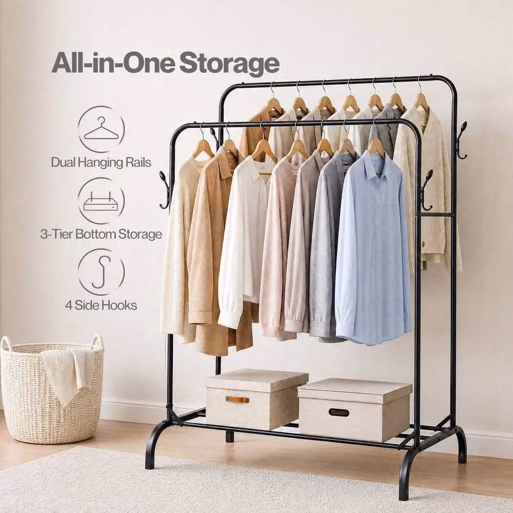 FORGEVIO Heavy Duty Carbon Steel Clothes Rail with 2 Rods in Black, W: 50 cm, H: 145 cm, D: 50 cm – 2