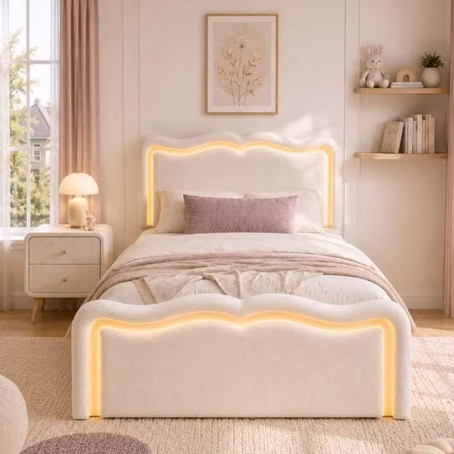 Merax 3ft Single Velvet Ottoman Bed Frame with LED Light and Hydraulic Storage in Beige, W/D/H: 90 x 190 x 32 cm – 1