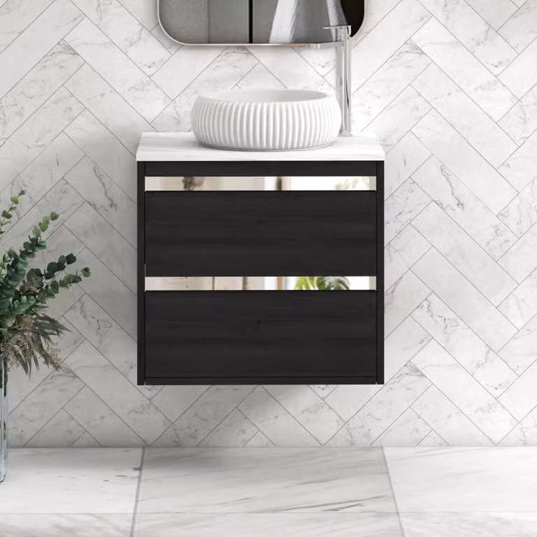 Royal Bathrooms Orion 800mm Hale Black Wall Hung Vanity Unit with Milan Basin and Carrara White Countertop, 2 Drawers and Chrome Accent Trim